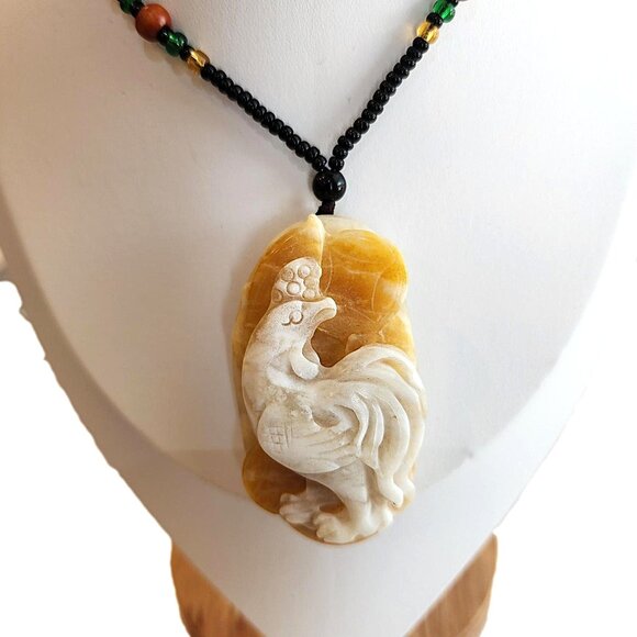 Fortune Rooster Medallion Pendant Made from Natural Jade. Hand-crafted Necklace - Picture 4 of 4